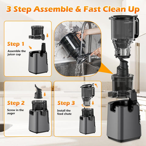 Compact 400W Slow Juicer with Large Feed Chute & Easy Cleaning (Titanium Gray) | High Juice Yield.